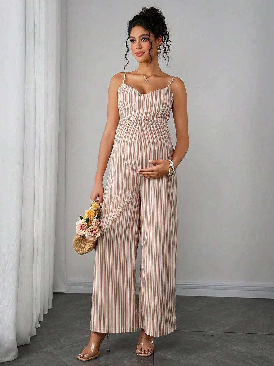 Maternity Striped Cami Jumpsuit - Spaghetti Strap, Wide Leg, Loose Fit, Cropped, Blue