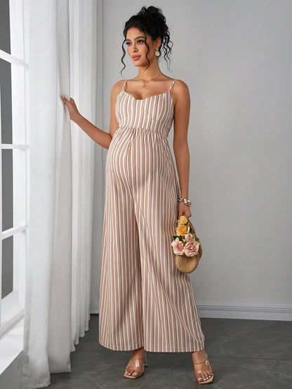 Maternity Striped Cami Jumpsuit - Spaghetti Strap, Wide Leg, Loose Fit, Cropped, Blue