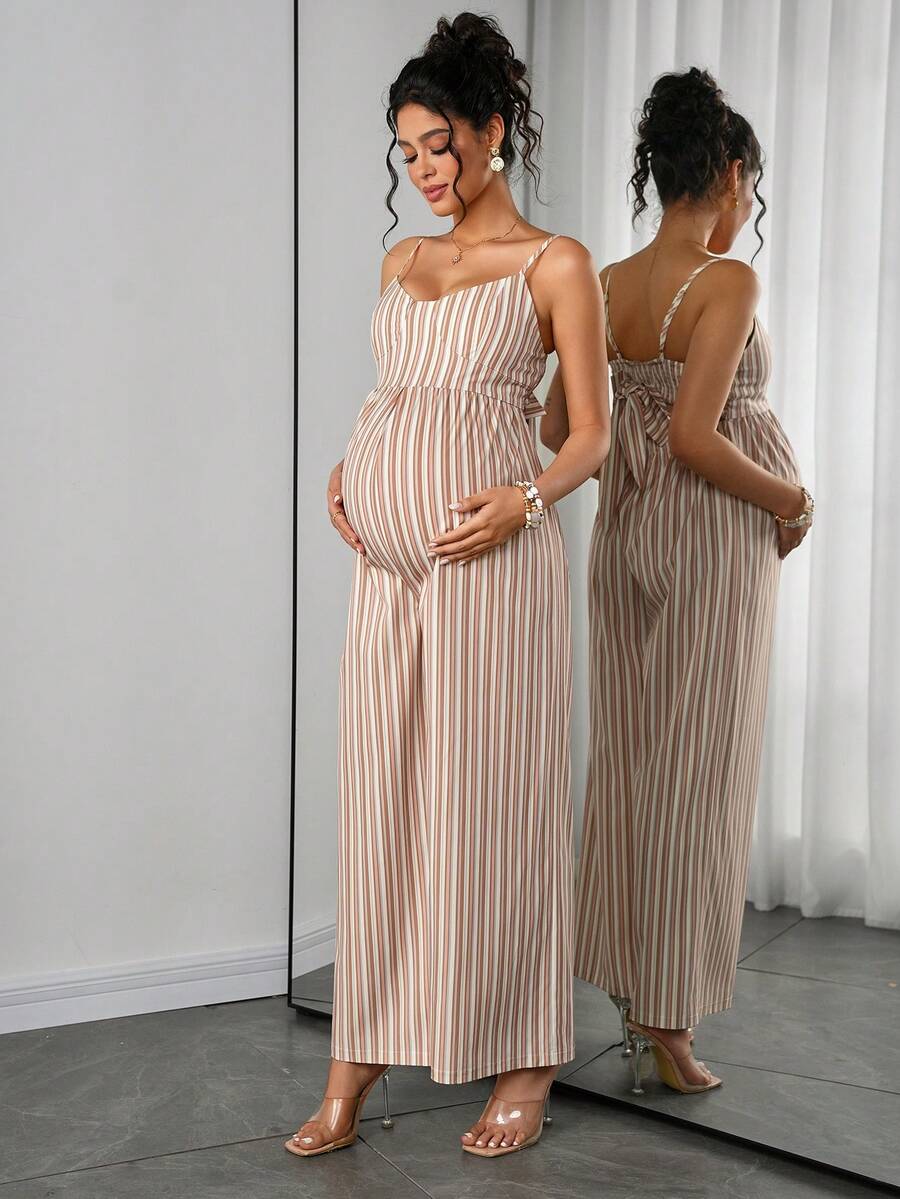 Maternity Striped Cami Jumpsuit - Spaghetti Strap, Wide Leg, Loose Fit, Cropped, Blue