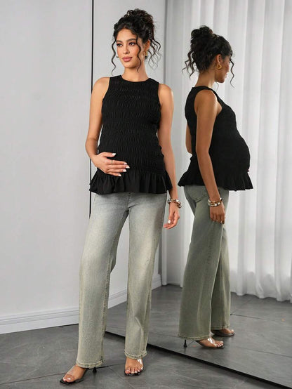 Maternity Tank Camisole - Tank Vest Neck, Shirred, Flared Hem, Slim Fit, Pink