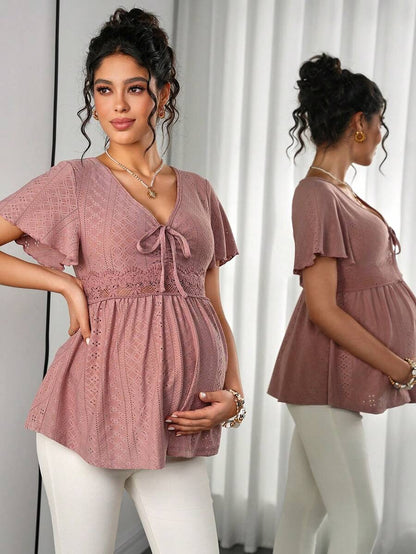Maternity Hollow Embroidered Tee - V Neck, Puff Short Sleeve, Contrast Lace, Ruched, Yellow