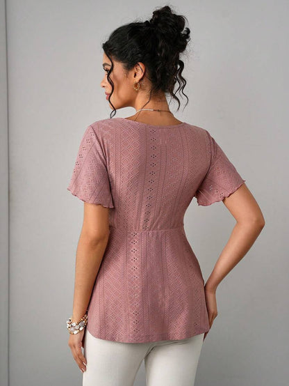 Maternity Hollow Embroidered Tee - V Neck, Puff Short Sleeve, Contrast Lace, Ruched, Yellow