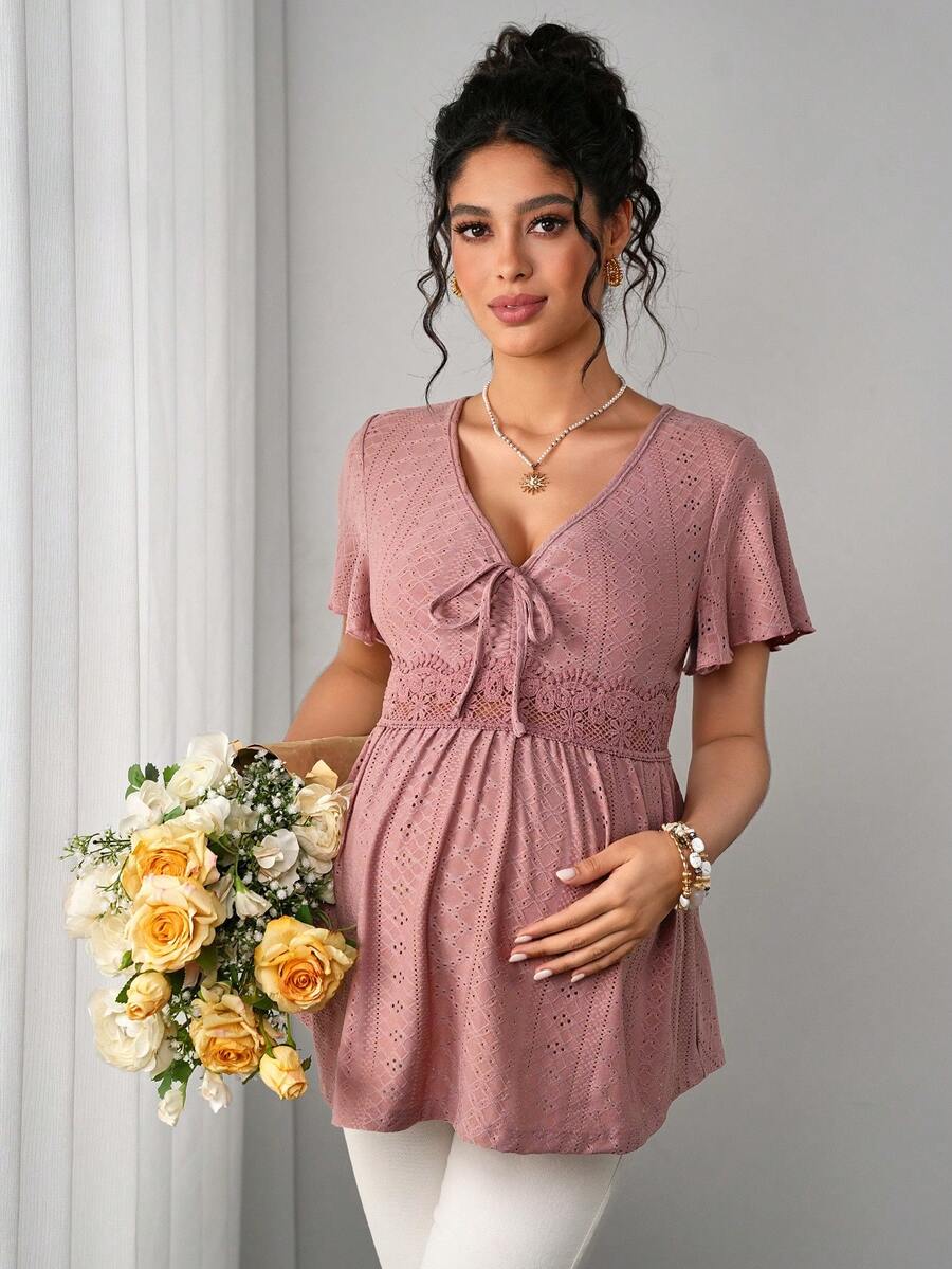 Maternity Hollow Embroidered Tee - V Neck, Puff Short Sleeve, Contrast Lace, Ruched, Yellow