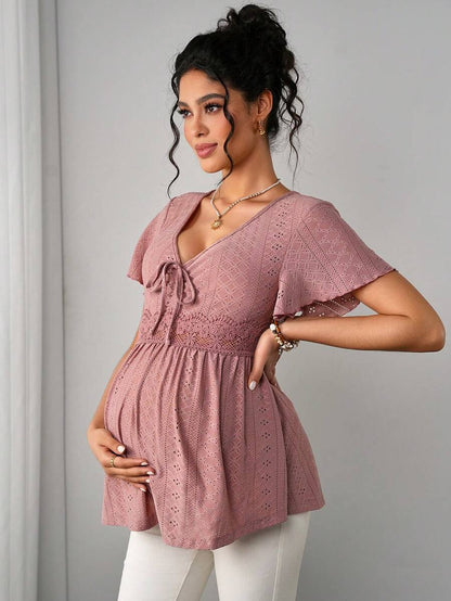 Maternity Hollow Embroidered Tee - V Neck, Puff Short Sleeve, Contrast Lace, Ruched, Yellow