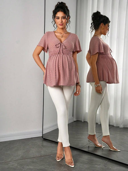 Maternity Hollow Embroidered Tee - V Neck, Puff Short Sleeve, Contrast Lace, Ruched, Yellow
