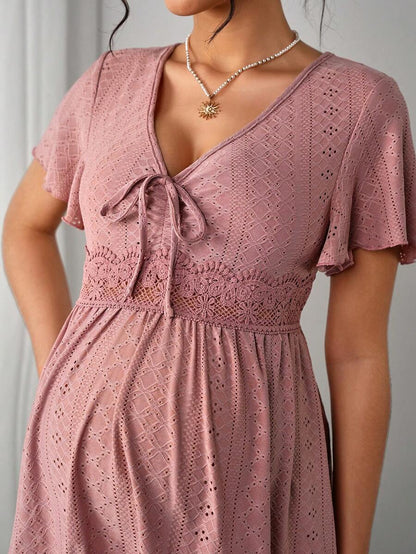 Maternity Hollow Embroidered Tee - V Neck, Puff Short Sleeve, Contrast Lace, Ruched, Yellow