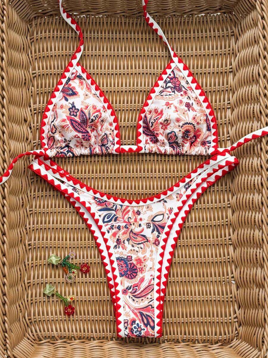 Women's 2-Piece Boho Halter Bikini Set - Tie Back, High Cut, Plant Print, Blue