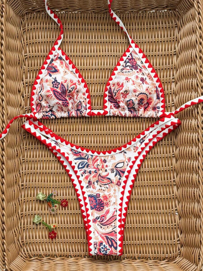 Women's 2-Piece Boho Halter Bikini Set - Tie Back, High Cut, Plant Print, Blue