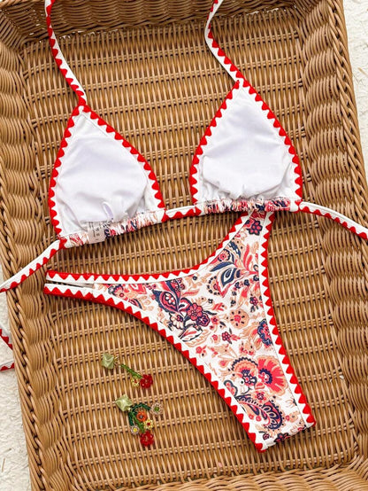 Women's 2-Piece Boho Halter Bikini Set - Tie Back, High Cut, Plant Print, Blue