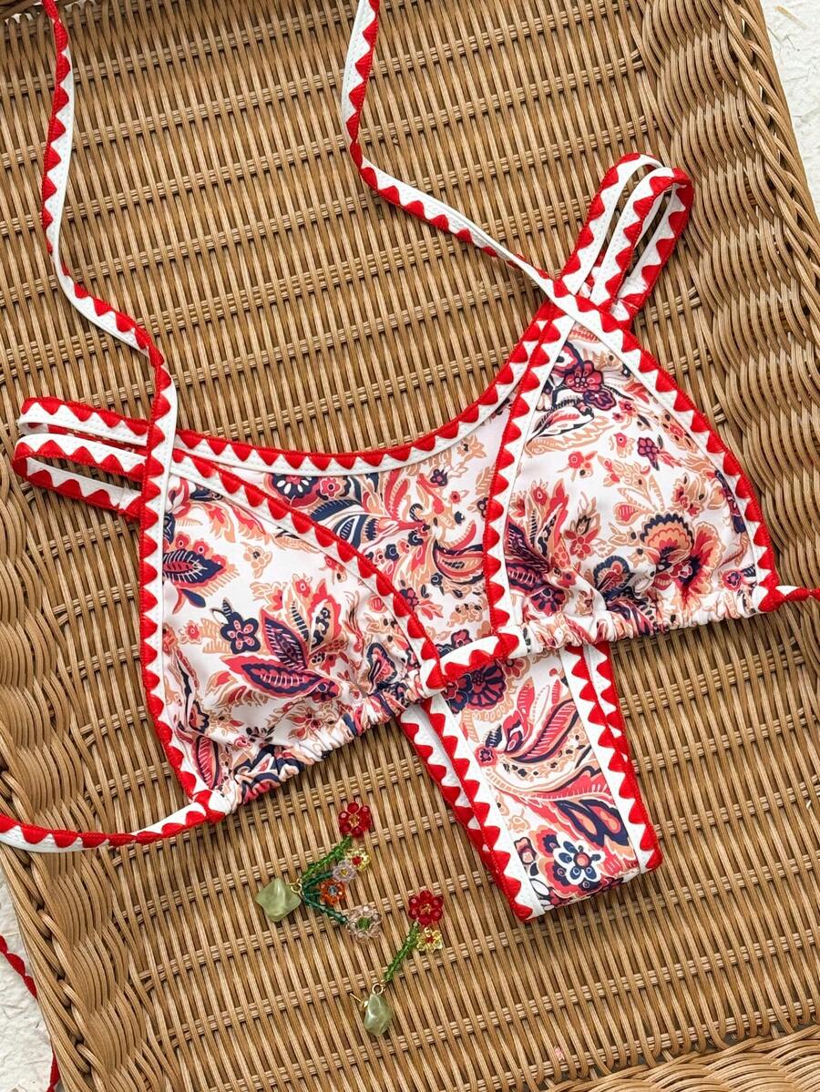 Women's 2-Piece Boho Halter Bikini Set - Tie Back, High Cut, Plant Print, Blue
