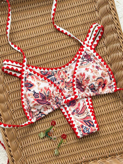 Women's 2-Piece Boho Halter Bikini Set - Tie Back, High Cut, Plant Print, Blue