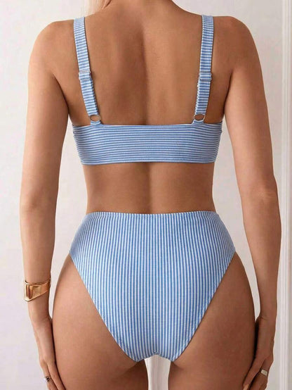 Women's 2-Piece Striped Bikini Set - Cross Wrap Bust, High Waist, Deep V Neck, Blue