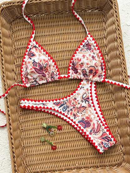 Women's 2-Piece Boho Halter Bikini Set - Tie Back, High Cut, Plant Print, Blue