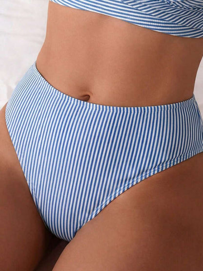 Women's 2-Piece Striped Bikini Set - Cross Wrap Bust, High Waist, Deep V Neck, Blue