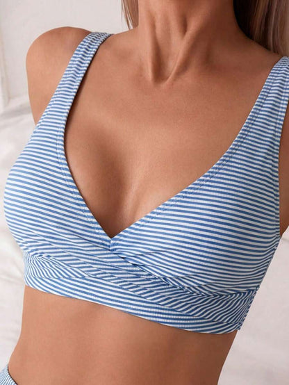 Women's 2-Piece Striped Bikini Set - Cross Wrap Bust, High Waist, Deep V Neck, Blue