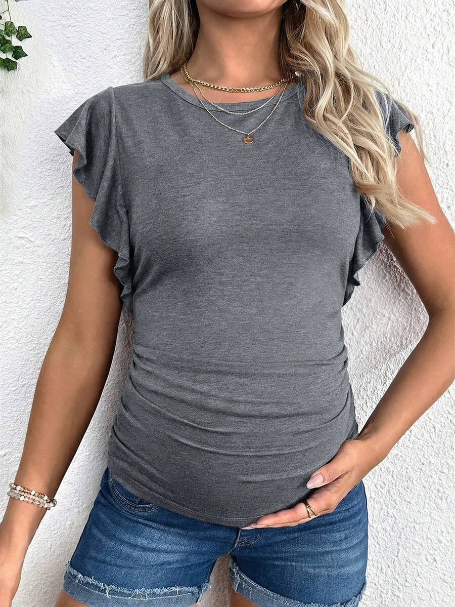 Maternity Ruched T-Shirt - Gray Ruffle Sleeve Crew Neck Soft Stretch Casual, Summer Breastfeeding