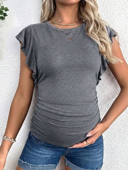 Maternity Red Round Neck Cap Sleeve T-Shirt - Slim Fit Ruffle Flounce Sleeve Knitted Top for Casual Daily Wear