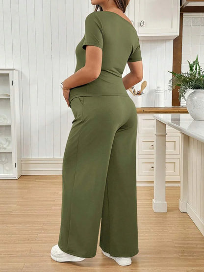 Navy Blue Maternity 2 Piece Set Asymmetric Short Sleeve Tee and Slim Fit Long Pants Elegant Summer Night Out Lounge Outfit