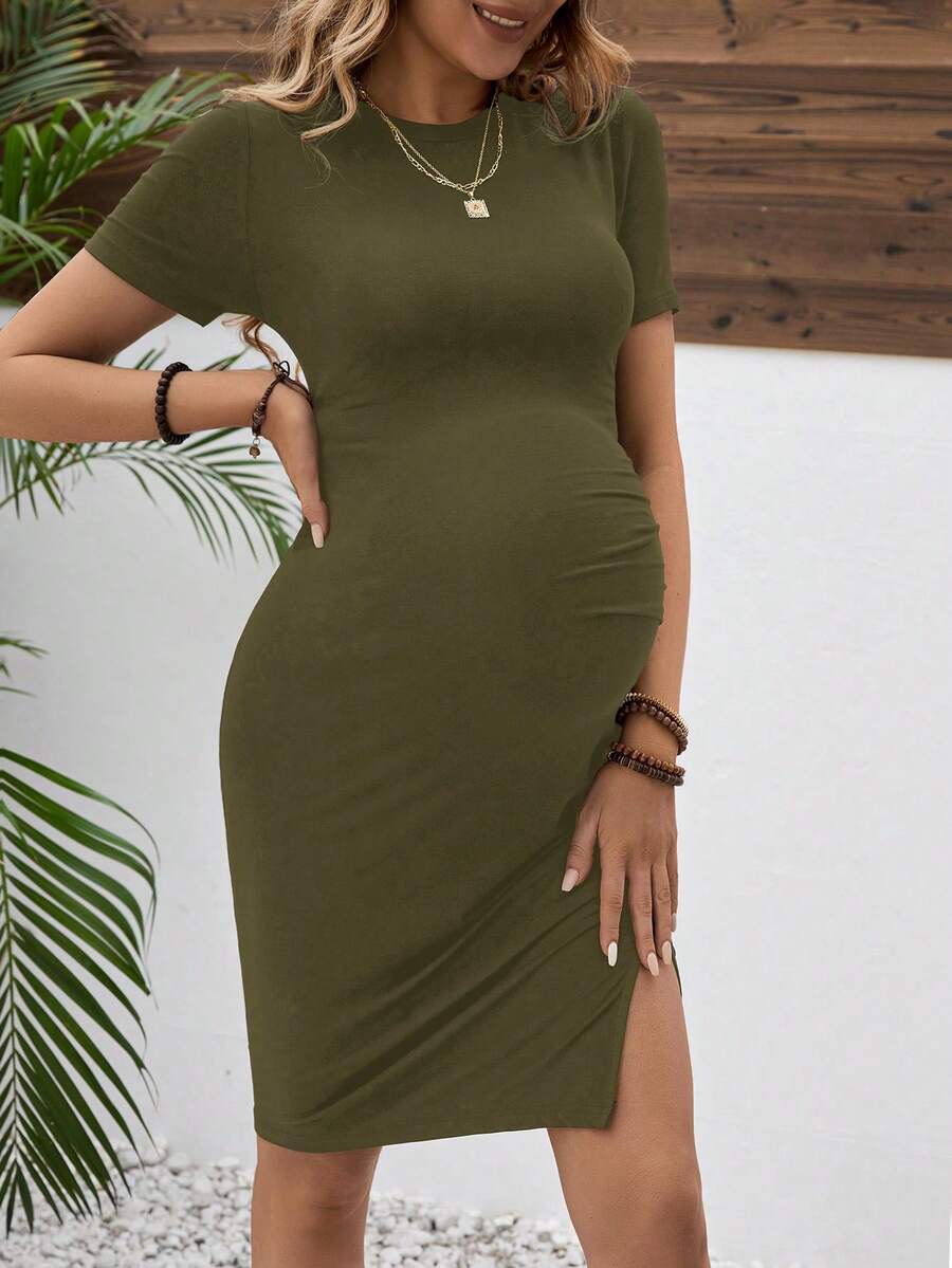 Green Maternity Bodycon Dress - Ruched Round Neck Raglan Short Sleeve Fitted Knee Length Viscose Pencil Dress for Daily Wear