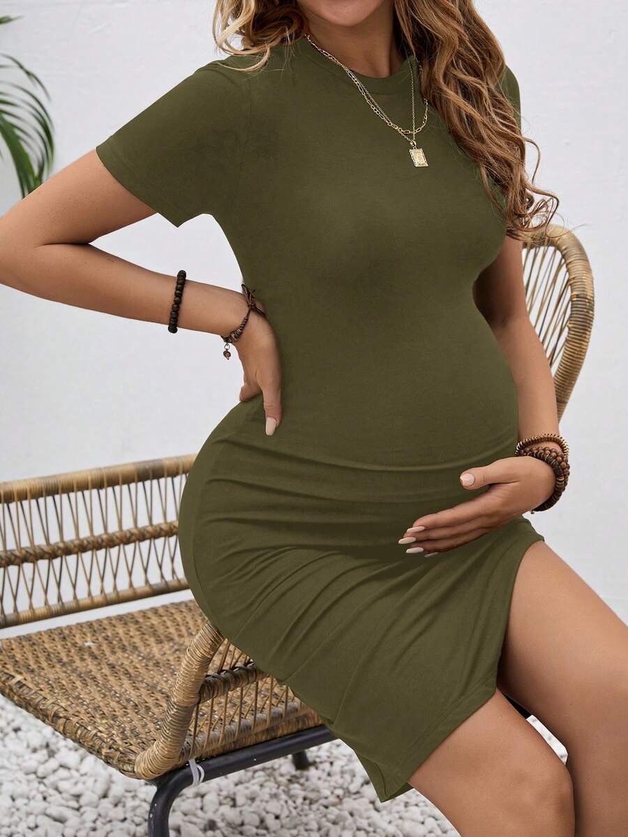 Maternity Short Sleeve Ruched Bodycon Dress Slim Fit Knee Length Solid Color Pregnancy Pencil Dress for Casual Home Wear