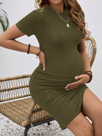 Green Maternity Bodycon Dress - Ruched Round Neck Raglan Short Sleeve Fitted Knee Length Viscose Pencil Dress for Daily Wear