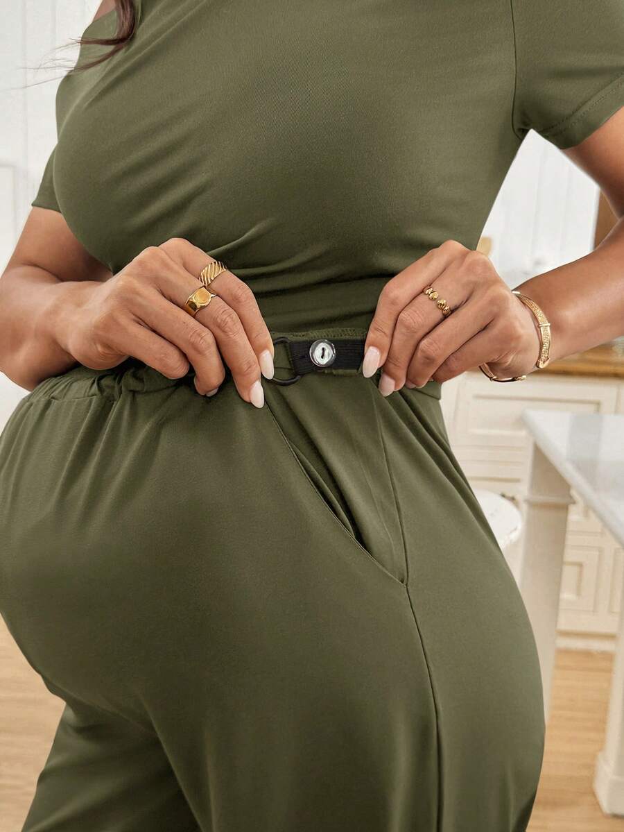 Navy Blue Maternity 2 Piece Set Asymmetric Short Sleeve Tee and Slim Fit Long Pants Elegant Summer Night Out Lounge Outfit