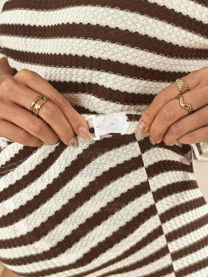 2-Piece Pink Striped Maternity Short Set - Loose Fit Round Neck Tee and Mini Shorts Casual Set for Daily Wear