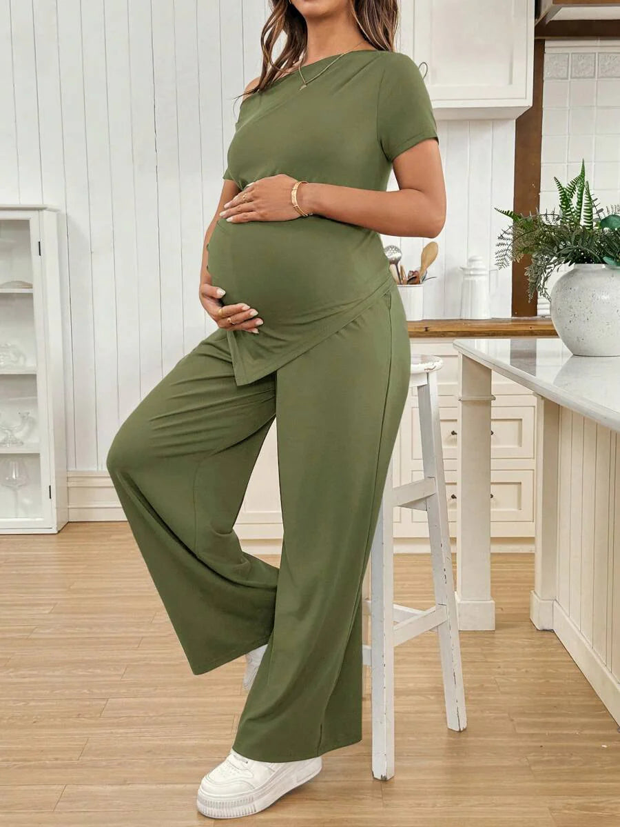 Navy Blue Maternity 2 Piece Set Asymmetric Short Sleeve Tee and Slim Fit Long Pants Elegant Summer Night Out Lounge Outfit