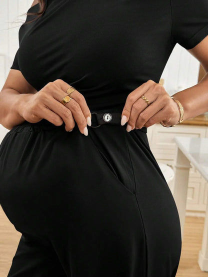 Navy Blue Maternity 2 Piece Set Asymmetric Short Sleeve Tee and Slim Fit Long Pants Elegant Summer Night Out Lounge Outfit
