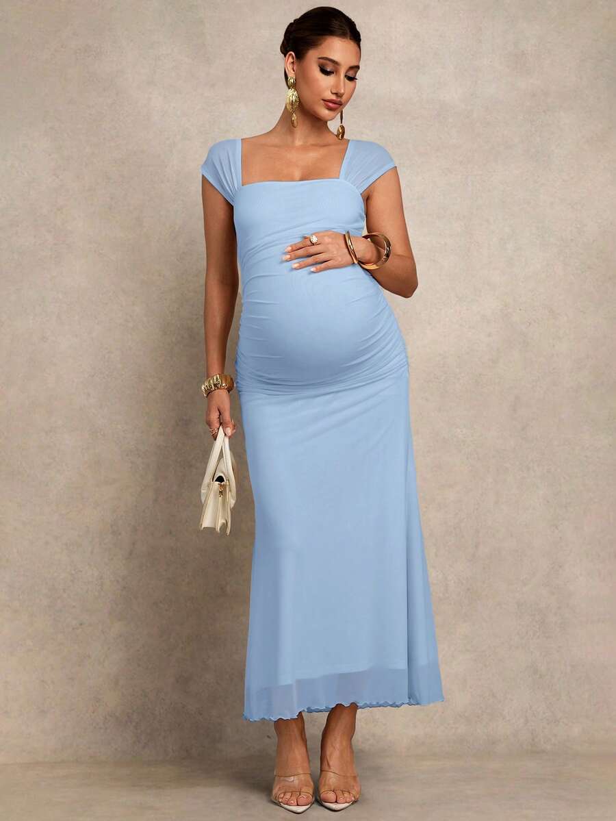 Pregnant Women's Solid Color Square Neck Ruched Fitted Fishtail Hem Elegant Dress Valentines Day Dress Elegant Dresses For Party