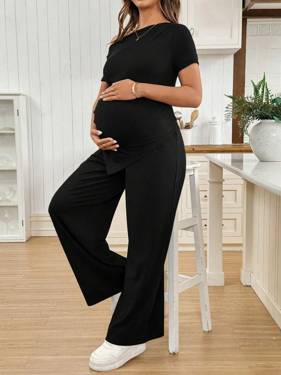 Navy Blue Maternity 2 Piece Set Asymmetric Short Sleeve Tee and Slim Fit Long Pants Elegant Summer Night Out Lounge Outfit