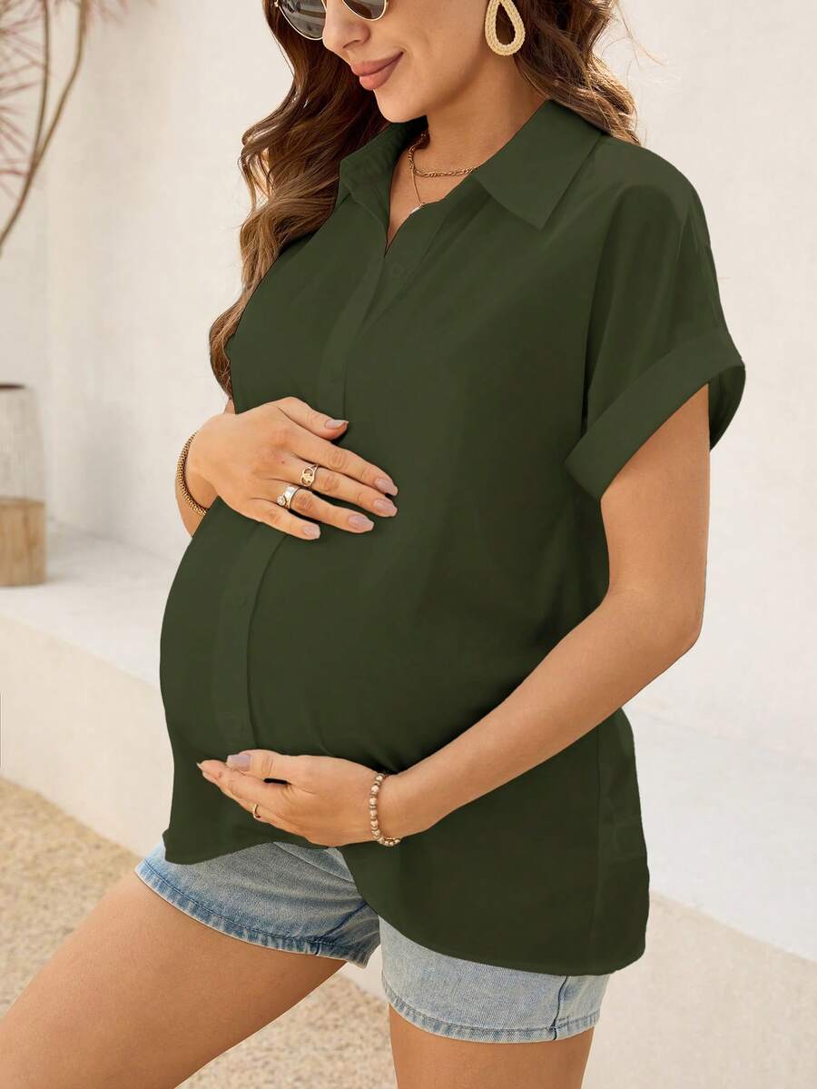 Maternity Batwing Sleeve Button-Up Shirt - Loose Fit Single-Breasted Long Casual Blouse in Solid Color