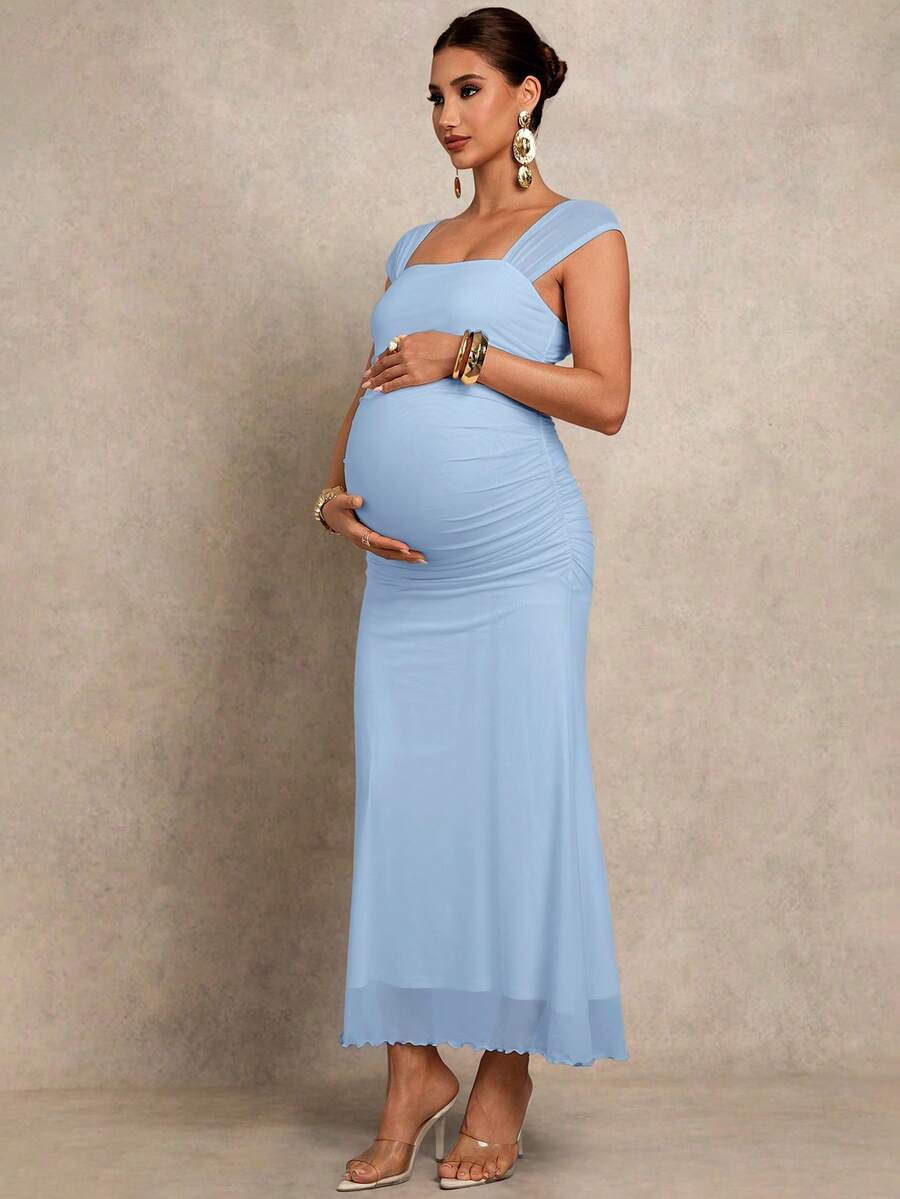 Maternity Bodycon Dress - Square Neck, Cap Sleeve, Mermaid Hem, Slim Fit, Green