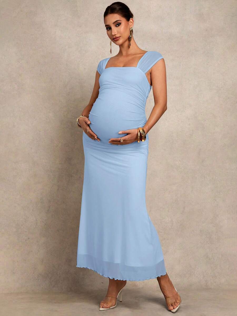 Maternity Square Neck Fitted Dress Solid Color Sleeveless Minimalist Summer Gown for Baby Shower Gender Reveal and Wedding Guest Dress