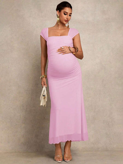 Maternity Bodycon Dress - Square Neck, Cap Sleeve, Mermaid Hem, Slim Fit, Green
