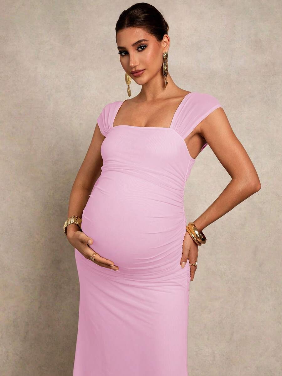 Pregnant Women's Solid Color Square Neck Ruched Fitted Fishtail Hem Elegant Dress Valentines Day Dress Elegant Dresses For Party