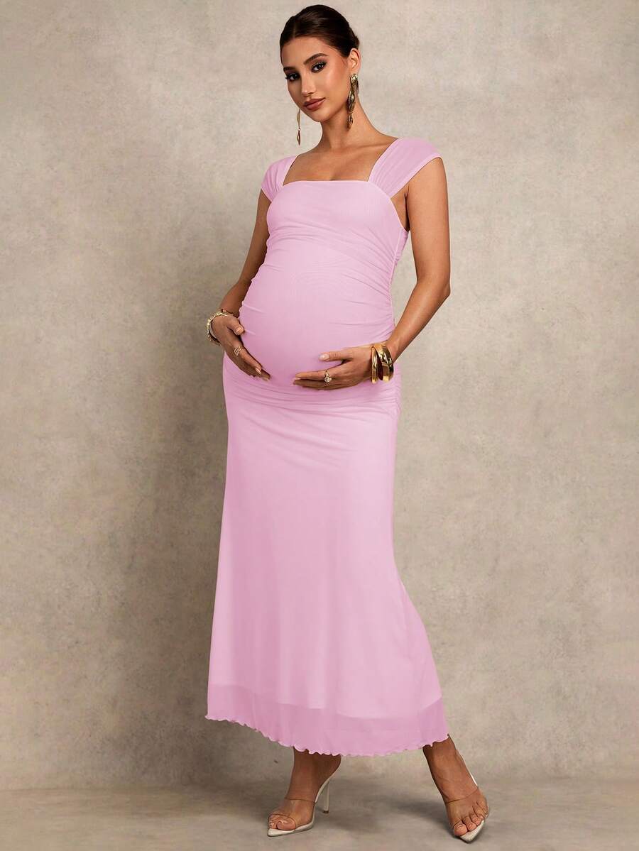 Pregnant Women's Solid Color Square Neck Ruched Fitted Fishtail Hem Elegant Dress Valentines Day Dress Elegant Dresses For Party
