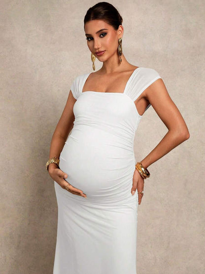 Maternity Square Neck Fitted Dress Solid Color Sleeveless Minimalist Summer Gown for Baby Shower Gender Reveal and Wedding Guest Dress