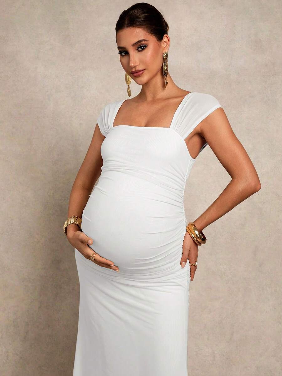 Maternity Bodycon Dress - Square Neck, Cap Sleeve, Mermaid Hem, Slim Fit, Green