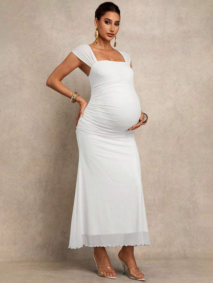Maternity Bodycon Dress - Square Neck, Cap Sleeve, Mermaid Hem, Slim Fit, Green