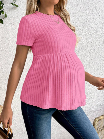 Baby Blue Maternity Ribbed Peplum Long Sleeve T-Shirt - Slim Fit Ruffle Hem Knit Maternity Top for Casual Daily Wear