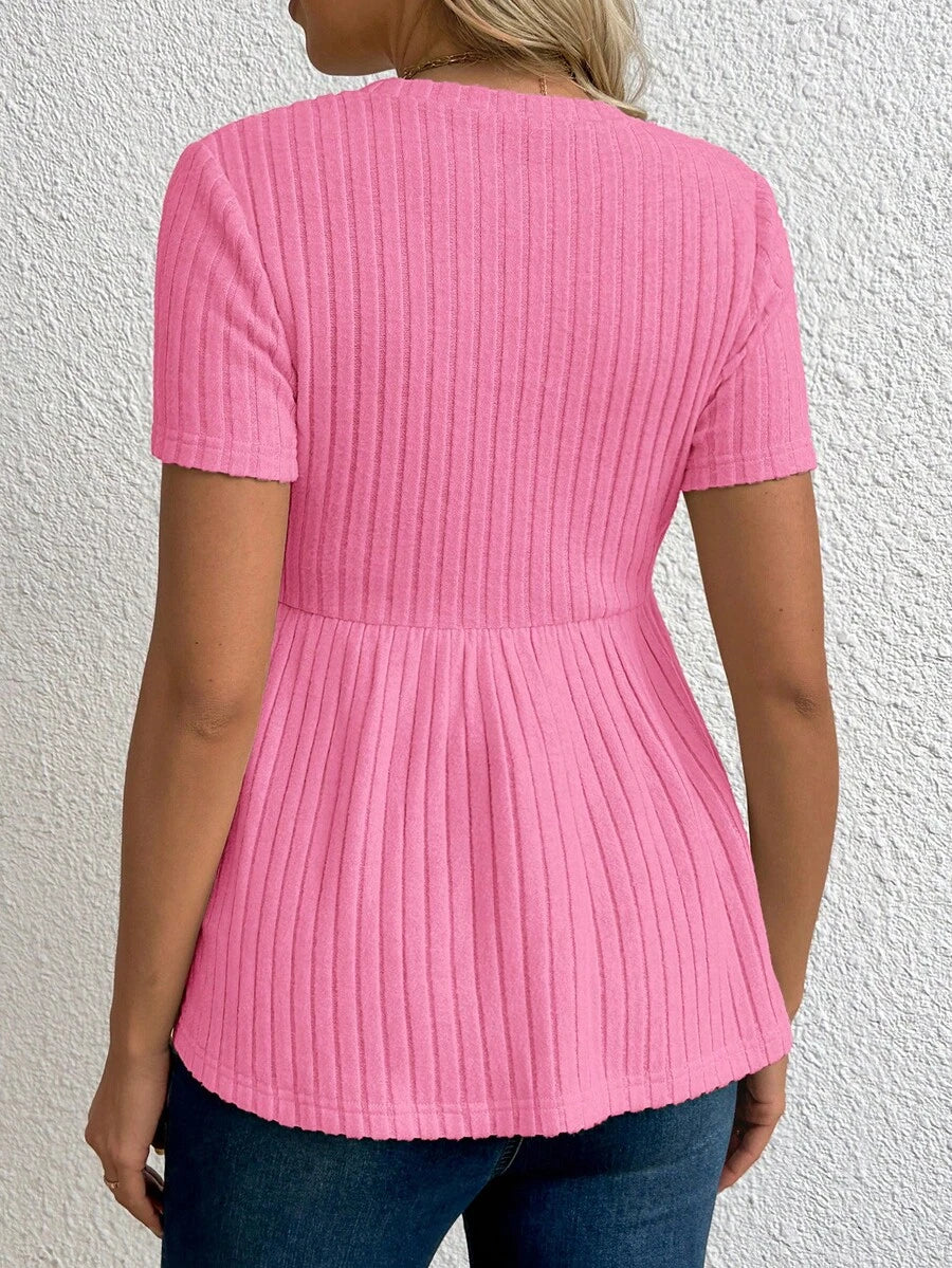 Baby Blue Maternity Ribbed Peplum Long Sleeve T-Shirt - Slim Fit Ruffle Hem Knit Maternity Top for Casual Daily Wear