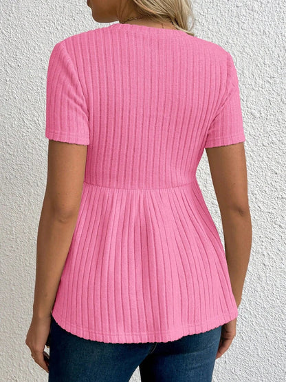 Baby Blue Maternity Ribbed Peplum Long Sleeve T-Shirt - Slim Fit Ruffle Hem Knit Maternity Top for Casual Daily Wear