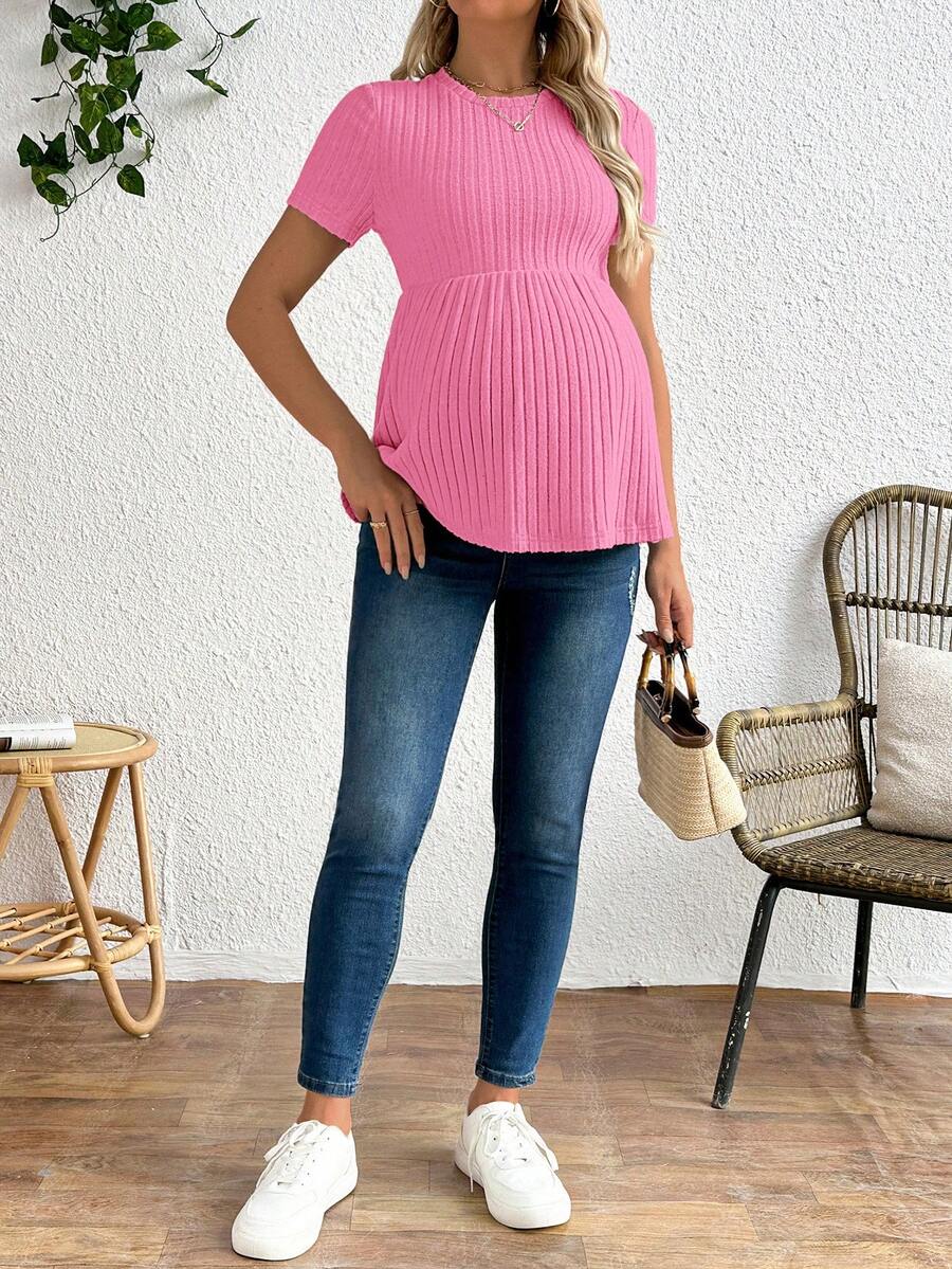 Baby Blue Maternity Ribbed Peplum Long Sleeve T-Shirt - Slim Fit Ruffle Hem Knit Maternity Top for Casual Daily Wear