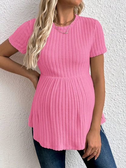 Baby Blue Maternity Ribbed Peplum Long Sleeve T-Shirt - Slim Fit Ruffle Hem Knit Maternity Top for Casual Daily Wear