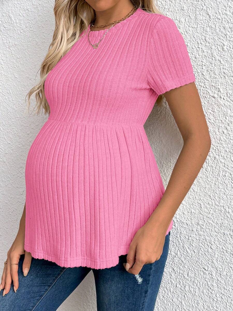 Baby Blue Maternity Ribbed Peplum Long Sleeve T-Shirt - Slim Fit Ruffle Hem Knit Maternity Top for Casual Daily Wear