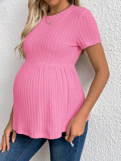 Baby Blue Maternity Ribbed Peplum Long Sleeve T-Shirt - Slim Fit Ruffle Hem Knit Maternity Top for Casual Daily Wear