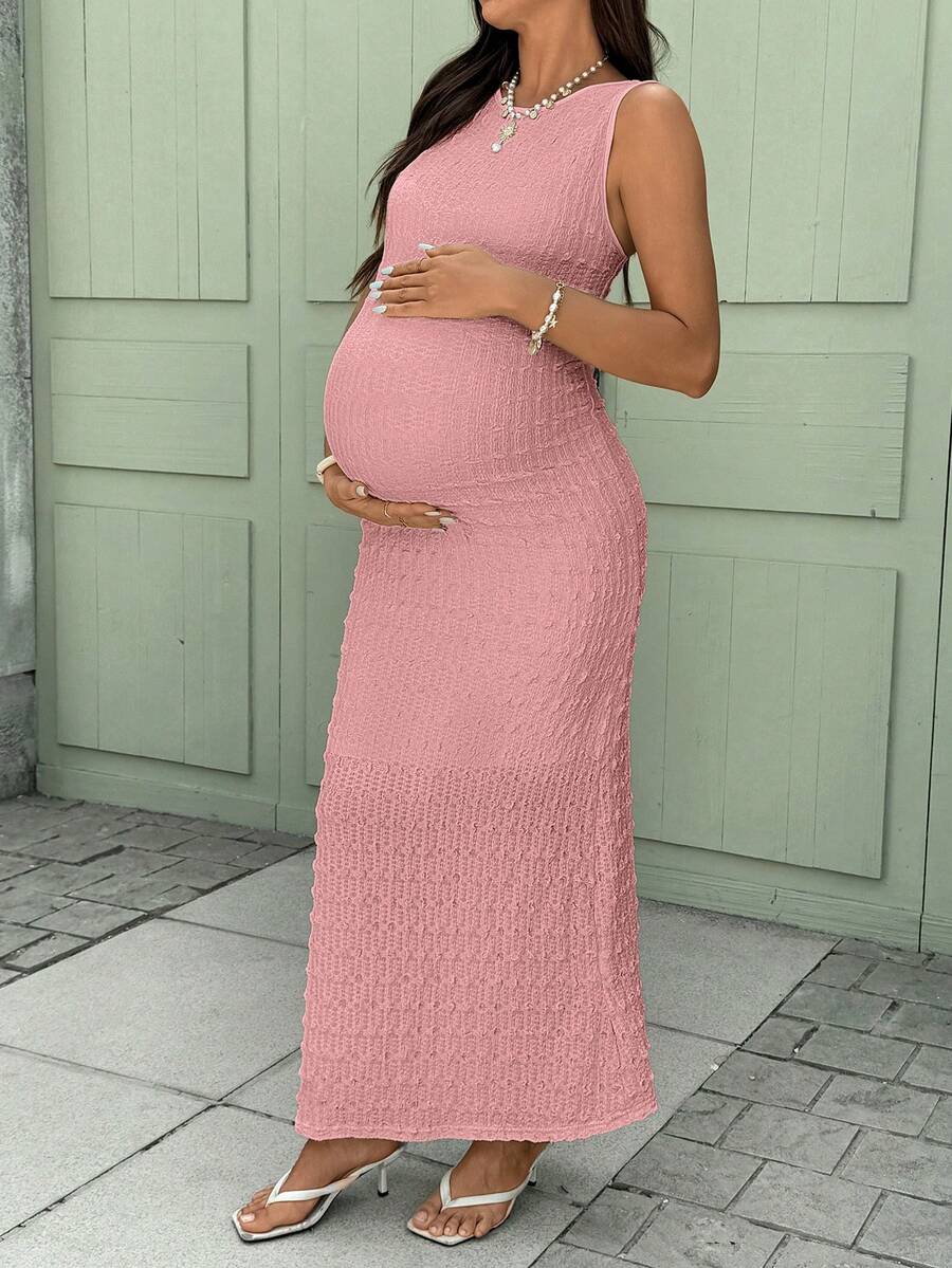 Solid Color Round Neck Ruffle Sleeveless Slim Fit Maternity Dress, Summer Maternity White Dress Maternity Maxi Dress Pregnancy Photoshoot Dress Knit Maxi Dress Bodycon Maxi Dress