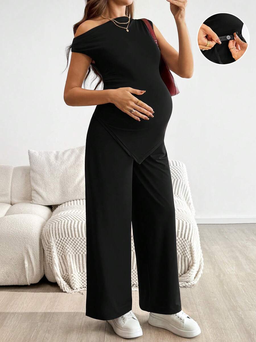 2-Piece Maternity Off-Shoulder Asymmetrical Top and Wide Leg Pants Set - Adjustable Waist Black Long Sleeve Casual Lounge Set