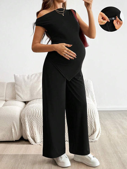 2-Piece Maternity Off-Shoulder Asymmetrical Top and Wide Leg Pants Set - Adjustable Waist Black Long Sleeve Casual Lounge Set